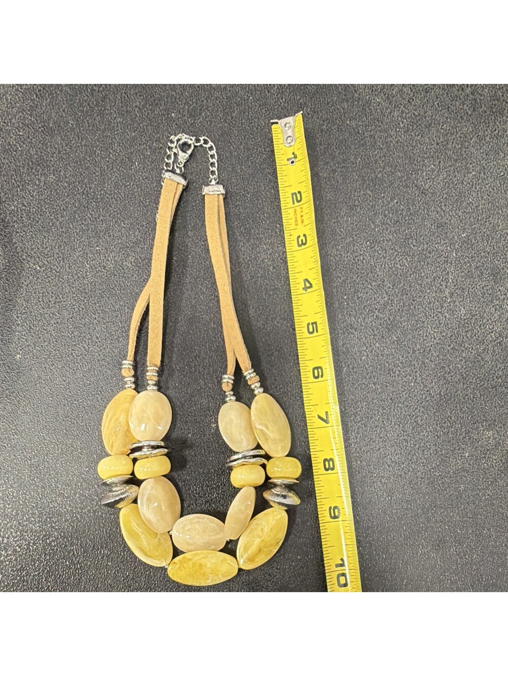 Boho Multi Strand Statement Necklace Faux Stone Beads Suede Cord Silver Tone